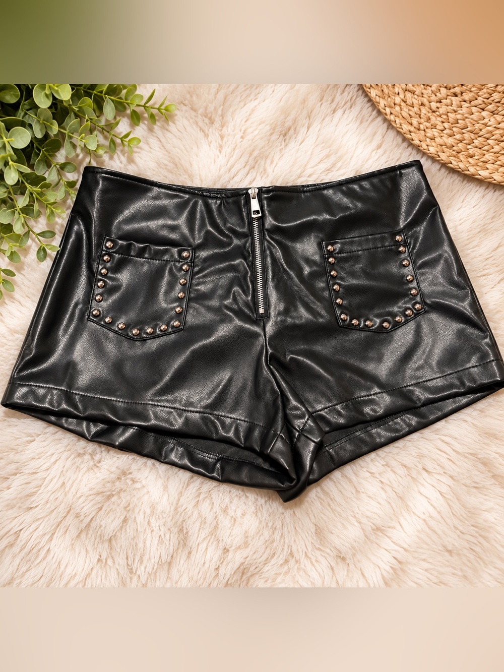 Sincerely Jules Black Faux Leather High-Waist Studded Shorts